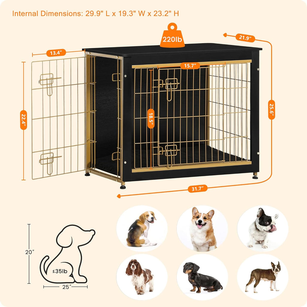 DWANTON Dog Crate Furniture with Cushion, Wooden Kennel Table with Double Doors, Indoor Dog House, Medium Size, 32.5" L, Black+Gold