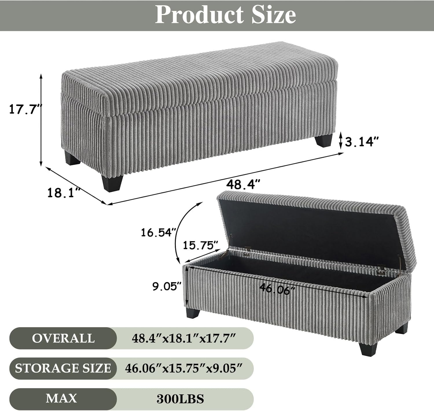 48" Ottoman with Storage, Corduroy Storage Ottoman Bench for Bedroom, End of Bed Bench with Safety Hinge for Living Room, Bedroom, Entryway, Grey