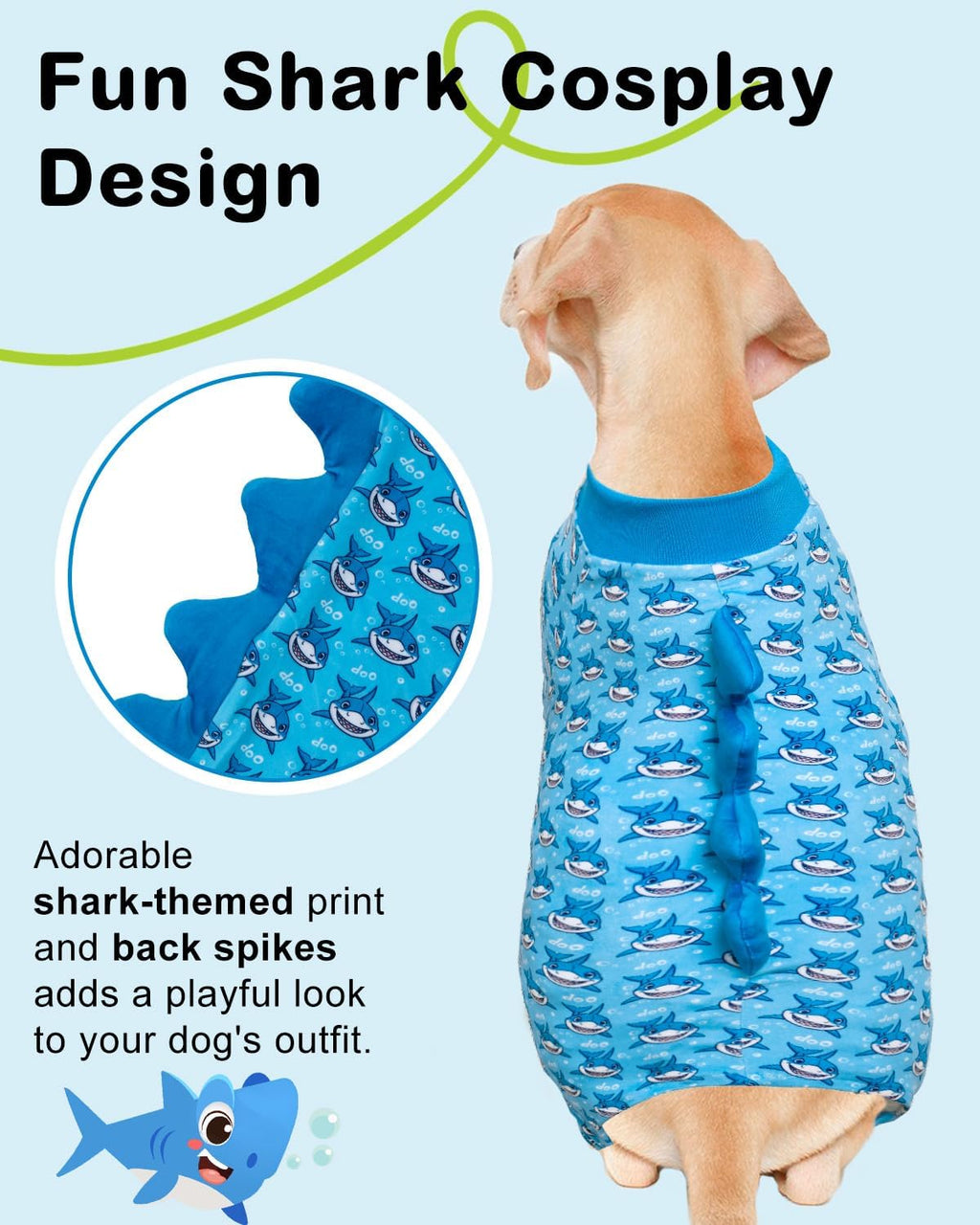 CuteBone Shark Costume Dog Pajamas, Stretchy Spandex Crystal Velvet Sleepwear Coat for Small Dogs, Soft & Warm Pet Outfit Clothes for Cold Weather, Cozy Pullover Design COSP07-3XL