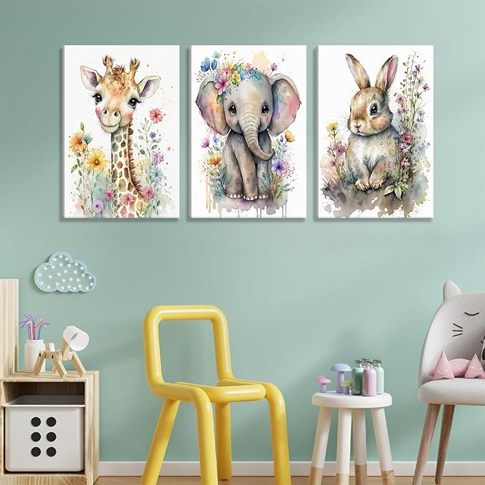 3Pcs Baby Watercolor Safari Animals Nursery Canvas Wall Art Cute Jungle Animals with Wildflower Picture Posters Wall Decor Giraffe Elephant Rabbit Painting Print Artwork for Kids Children Room 12x16in