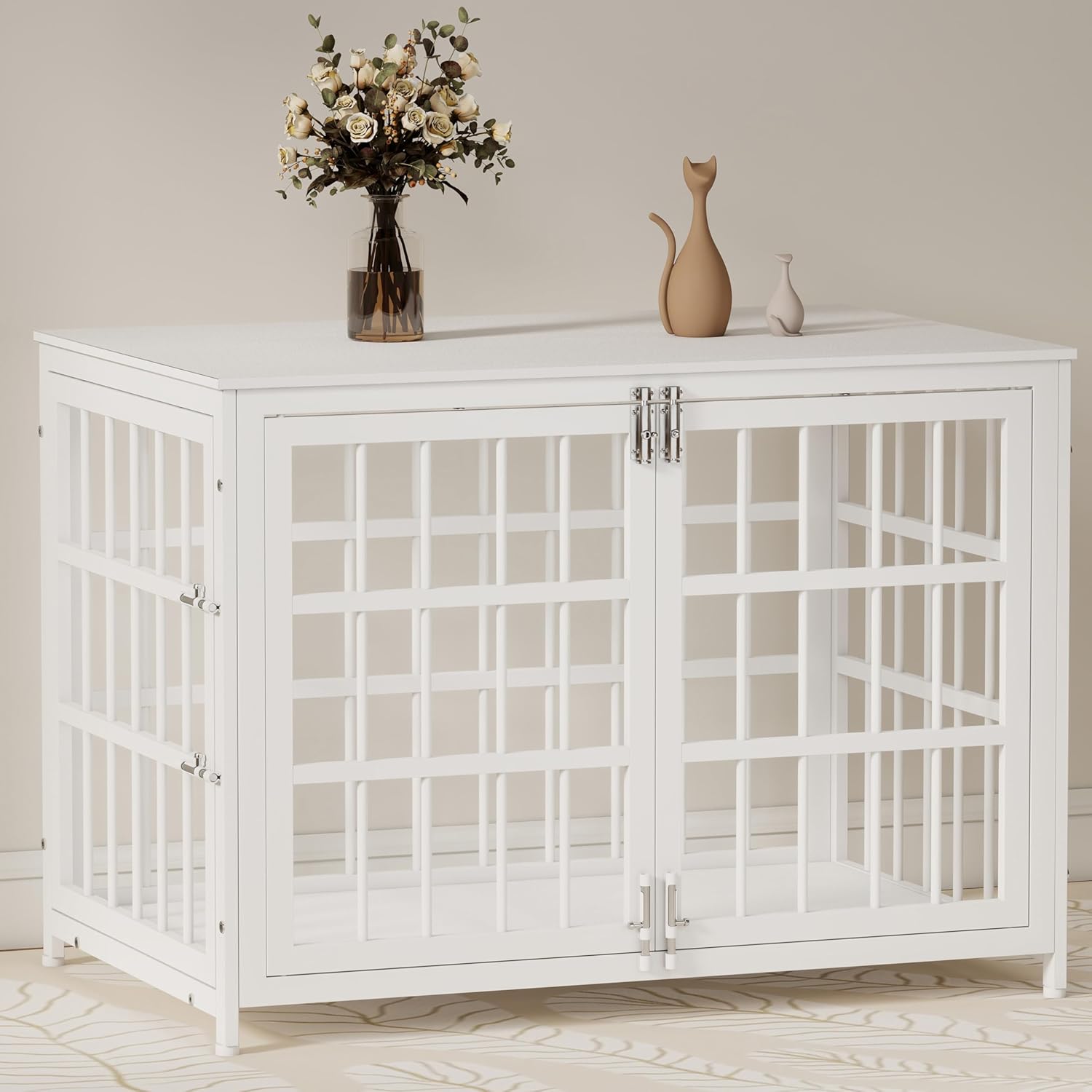 38 Inch Heavy Duty Wooden Dog Kennel End Table with Double Door Design and Secure Locks, Indoor Pet Crate Furniture for Medium Dogs, Decorative Home Cage Design,White