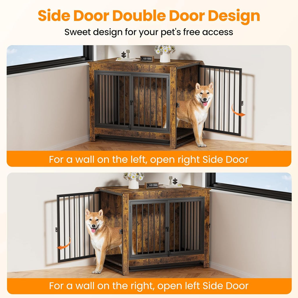 Dog Crate Furniture, Dog Crate End Table for Medium and Large Dogs,Wooden Cage Kennel Furniture Indoor, Modern Dog Crate with Multi-Purpose Removable Tray, Double-Doors Dog Furniture