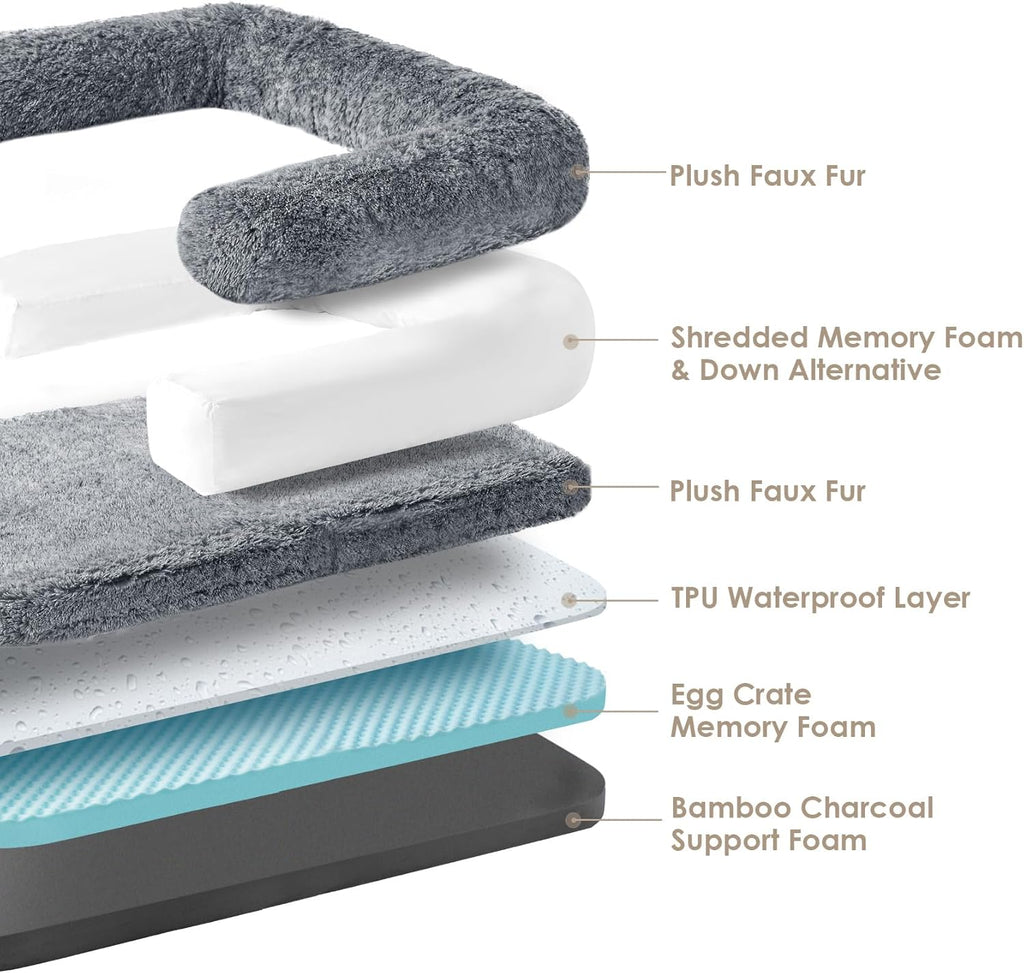 EHEYCIGA Foldable XL Dog Bed, Faux Fur Fluffy Pet Couch Bed for Large Dogs, Orthopedic Calming Memory Foam Big Pet Bed, Washable Soft Pet Sofa Bed with Non-Slip Bottom, Grey, 46"x34"x6.5"