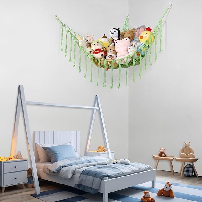 Stuffed Animal Hammock Corner, Hand-knitted Large Plushie Net Toy Hammock with Wooden Rings | Boho Cute Stuff Animal Storage for Nursery & Bedroom | Mesh Kids Toy Organizer Holder Nursery Room Decor