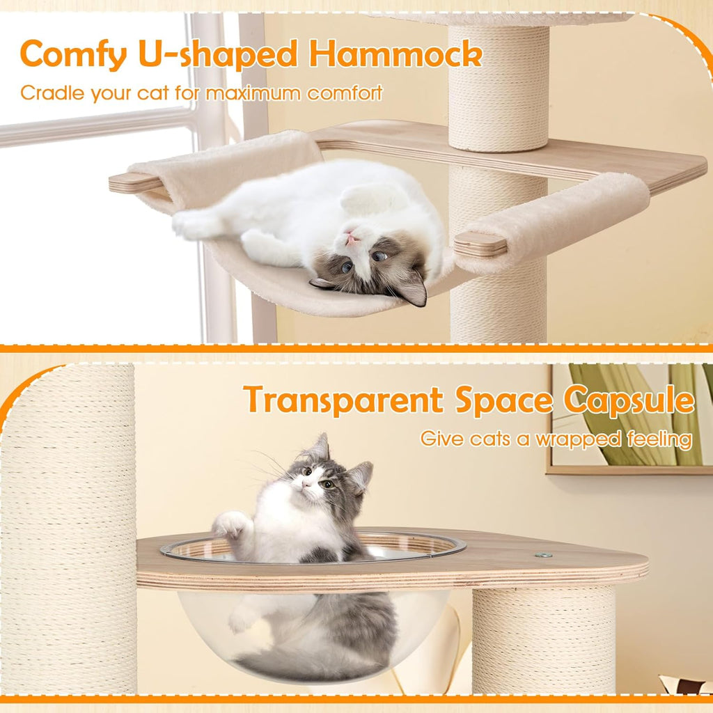Tangkula 69” Tall Cat Tree, Multi-Layer Wood Cat Tower with Scratching Posts, Perch, Condo, Space Capsule, Hammock, Washable Cushions, Modern Cat Tree Tower for Indoor Cats Large Adult