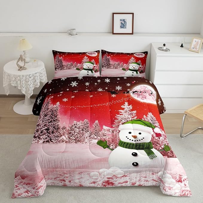 Feelyou Kids Merry Christmas Decorations Queen Size Comforter Set Xmas Snowman Bedding Set Red Quilt Set Soft Warm Lightweight Duvet Set