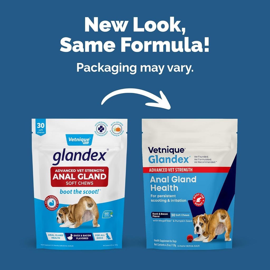 Vetnique Glandex Anal Gland Soft Chew Treats with Pumpkin for Dogs Digestive Enzymes, Probiotics Fiber Supplement for Dogs Boot The Scoot (Advanced Strength Duck/Bacon Chews (Veg), 30 Count)