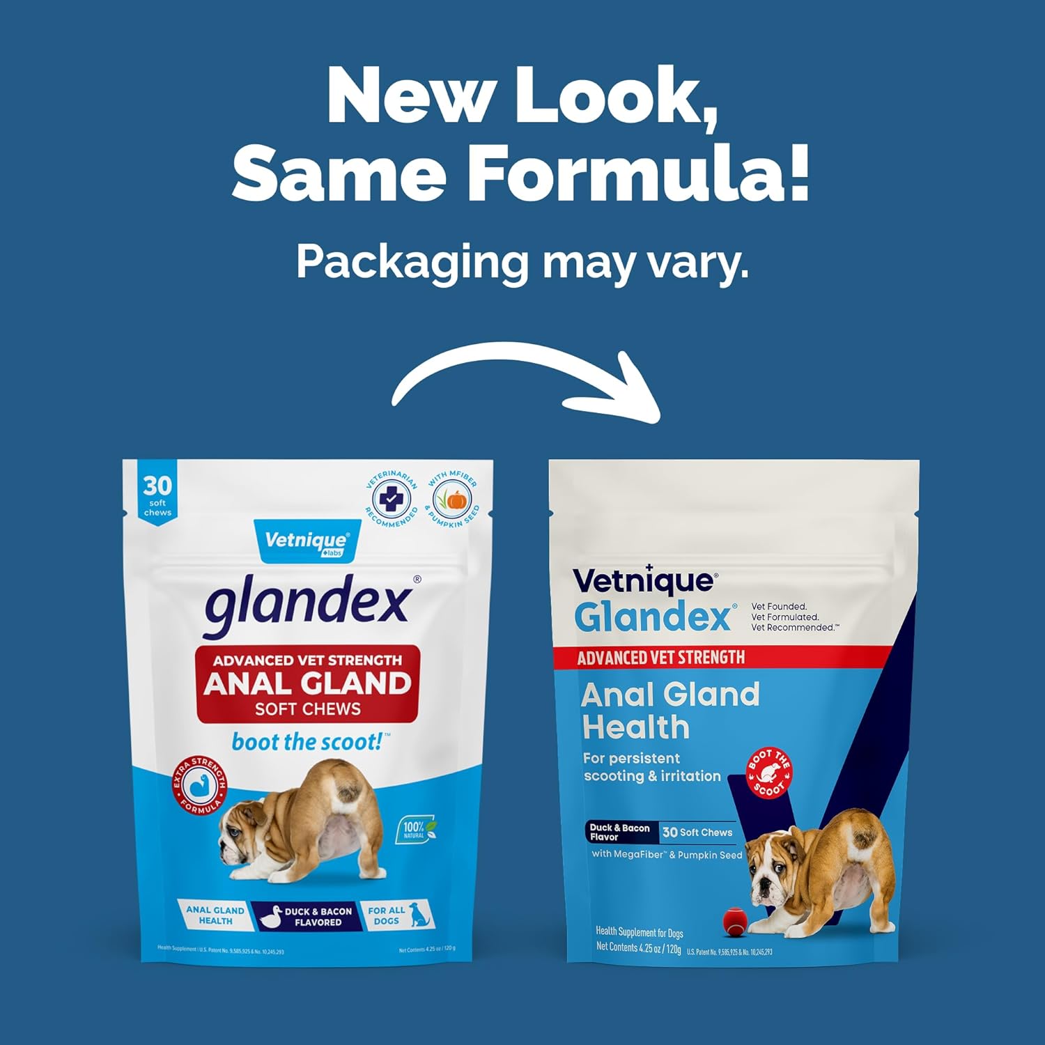 Vetnique Glandex Anal Gland Soft Chew Treats with Pumpkin for Dogs Digestive Enzymes, Probiotics Fiber Supplement for Dogs Boot The Scoot (Advanced Strength Duck/Bacon Chews (Veg), 30 Count)