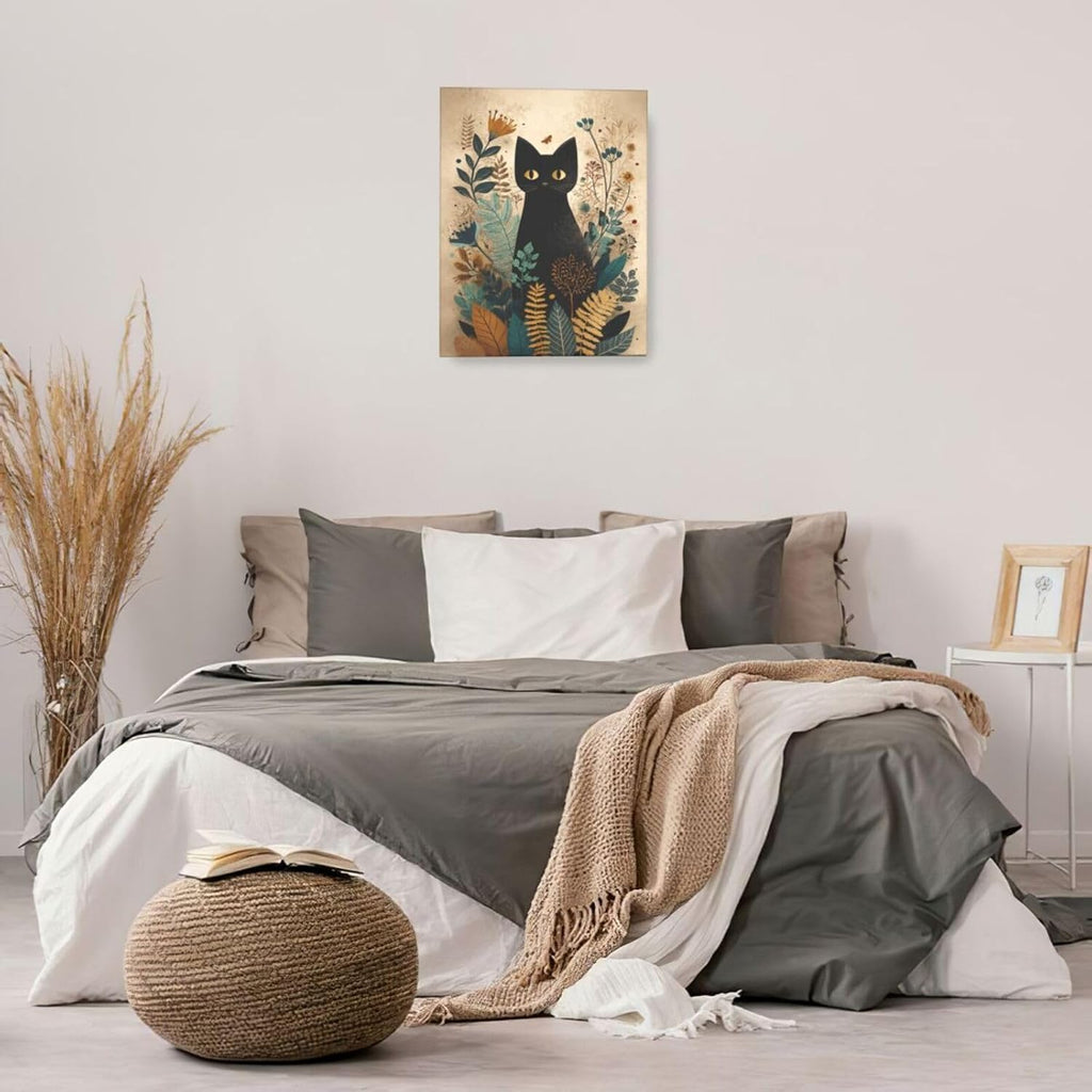 Boho Black Cat Wall Art Kitten Botanical Wall Decor Mid Century Modern Canvas Painting Print Minimalist Pictures Artwork Framed Decorations Gifts for Cat Lover Bathroom Nursery Living Room Bedroom Kitchen 16"x20"