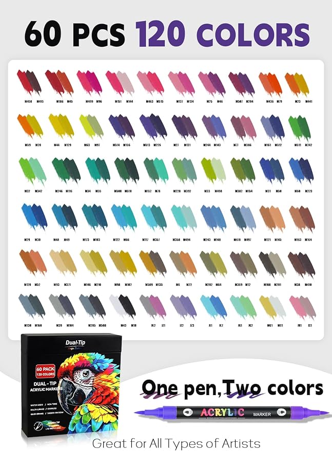 120 Colors Acrylic Paint Markers with 60 Dual-Color Brush Tips, Double Tips Acrylic Paint Pens for Rocks, Eggs, Wood, Rock, Canvas, Plastic, Glass, Ceramic