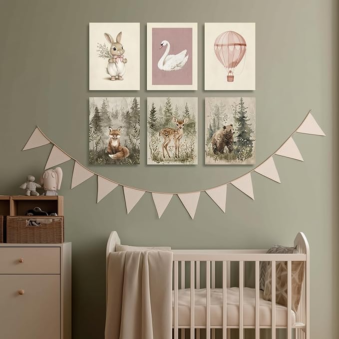 kilamino Pink Baby Girl Nursery Wall Art, Neutral Cute Rabbit and Swan Wall Decor, Vintage Hot Air Balloon Poster Prints, Pastel Bunny Animals Canvas Paintings for Baby Room Playroom Framed 16"x24"x3