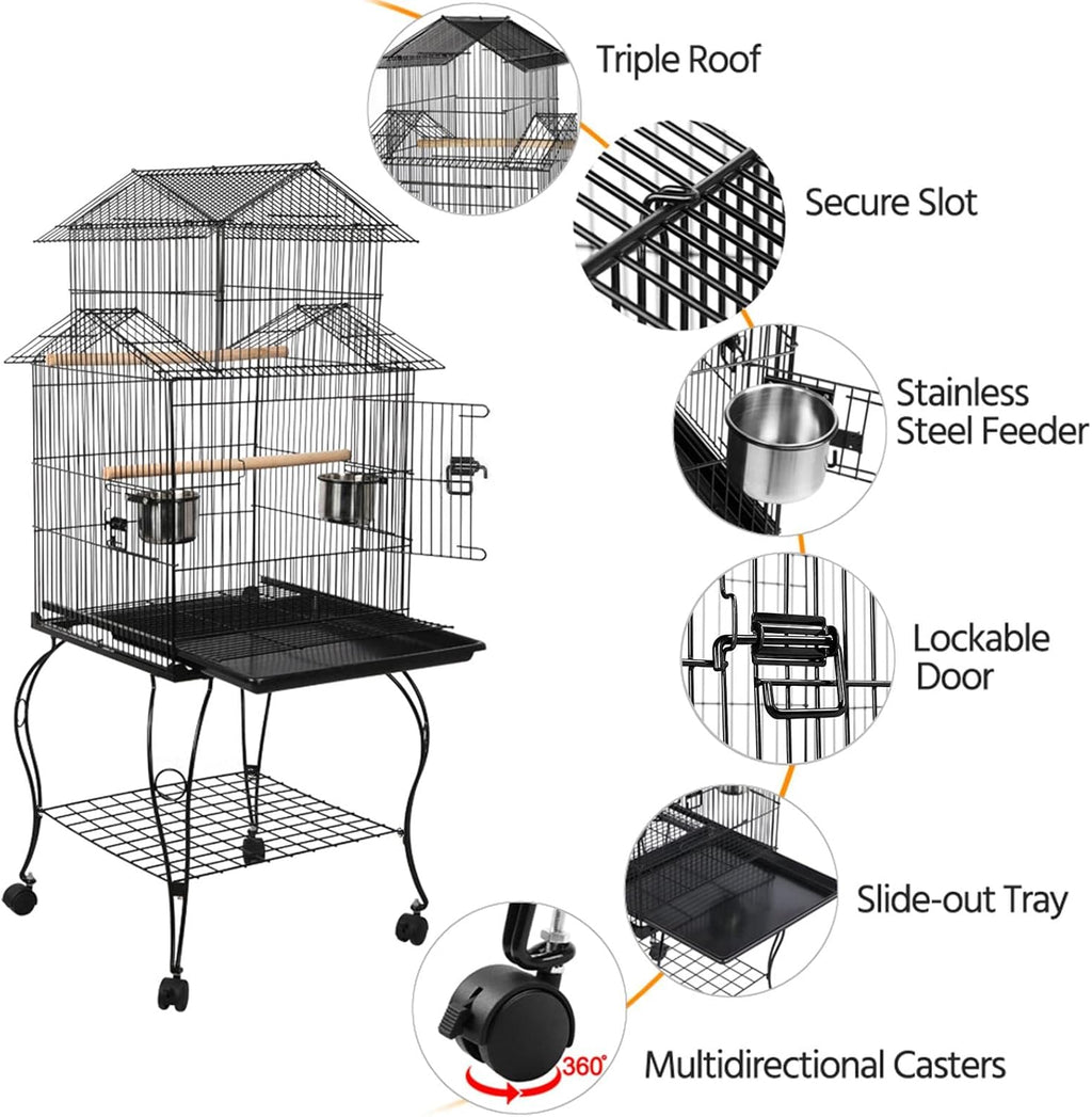 Yaheetech Budgie Cage 55-inch Rolling Standing Triple Roof Medium Parrot Cage Pet Bird Cage with Detachable Stand for Cockatiels Sun Parakeets Green-cheeked Conures Macaw