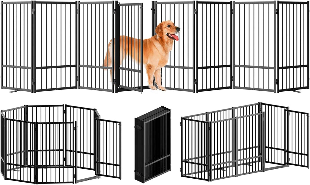 Full Metal Freestanding Dog Gate with Door, 32''Height Foldable Pet Dog Fence for Indoor & Outdoor, 8 Panels Extra Wide Free Standing TallDog Gates for Doorways,House,Stairs,Porch,Deck,Yard