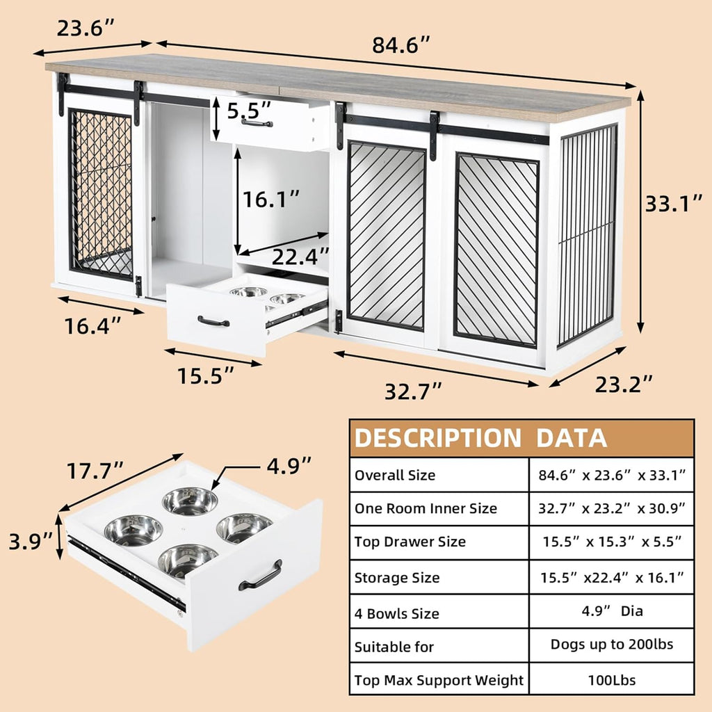 Extra Large Dog Crate Furniture, 85" Sliding Door Double Kennel for 2 Large Dogs Divided, Heavy Duty Wooden Dog Crate Kennel Furniture with 4 Dog Bowls and Drawer Indoor, White