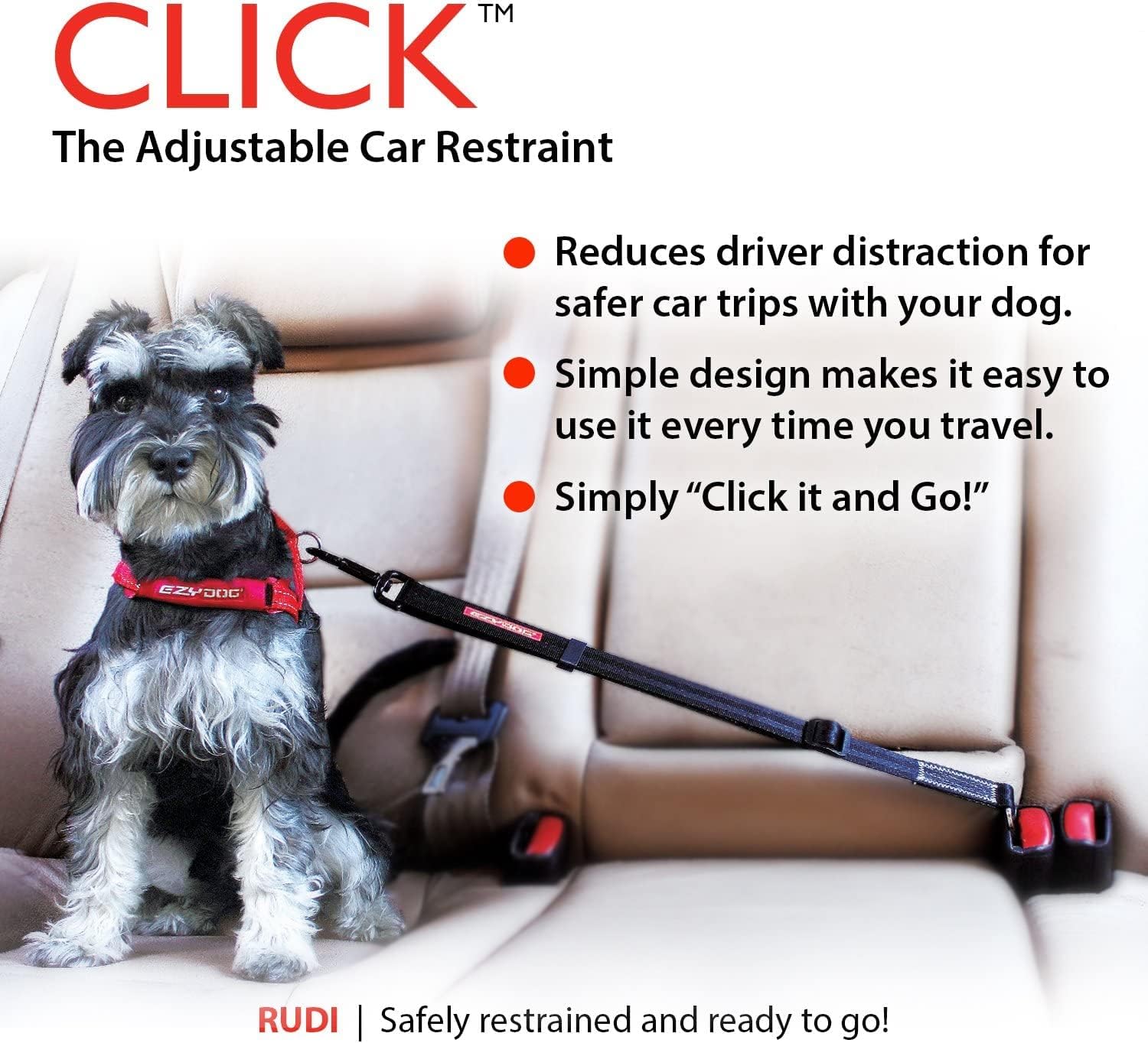 EzyDog CLICK – Dog Seat Belt for Car, Dog Harness Adjustable Seatbelt Attachment – Heavy Duty Nylon Seat Belt Webbing (17.5in - 26in)