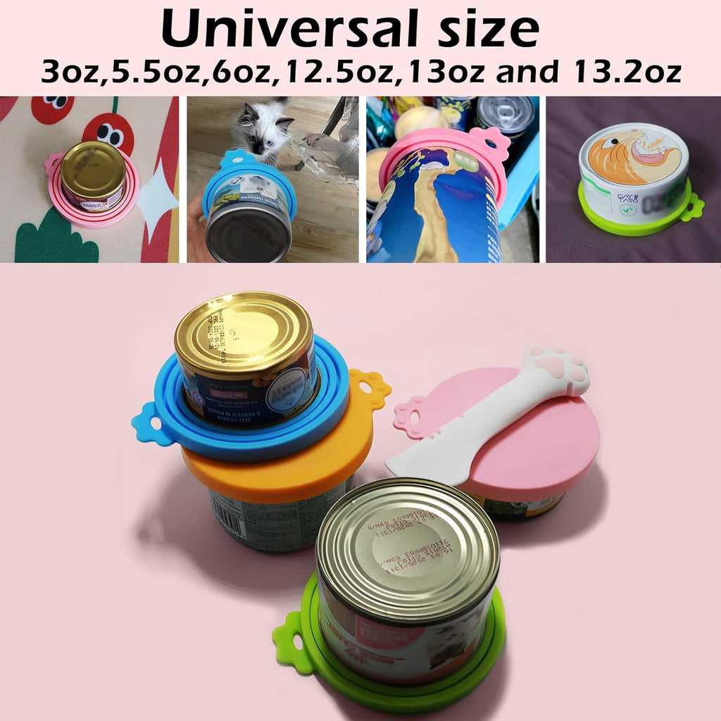 Food Can Spoon & Lids, One Multi-Functional Opener Spatula, 4 PCS BPA Free Silicone Universal Can Covers, Cute Paw Shape Spoon for Cat Dog Wet Food (Pink)