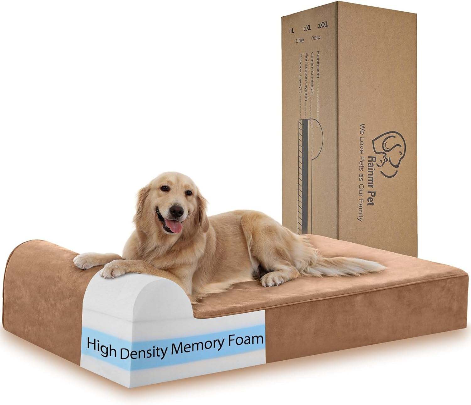 Large Orthopedic Dog Bed, 7" Memory Foam with Waterproof Liner, Chew Resistant Microsuede Cover, Removable and Washable, for Indoor, Outdoor, and Car Use, Nonskid Base, 52"x36" XL Khaki