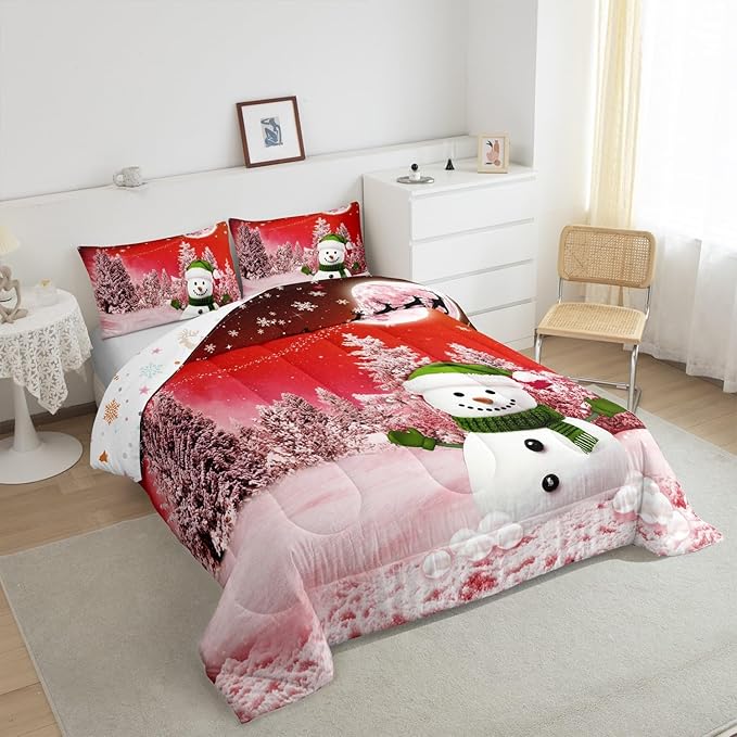 Feelyou Kids Merry Christmas Decorations Twin Size Comforter Set Xmas Snowman Bedding Set Red Quilt Set Soft Warm Lightweight Duvet Set