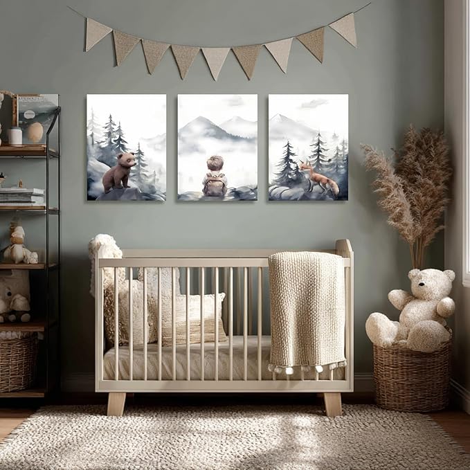 kilamino Neutral Woodland Wild Animal Wall Art, Cute Bear Fox Nursery Wall Decor, Adventure Boy Poster Prints, Vintage Forest Animal Canvas Paintings for Baby Room Classroom Playroom Framed 12"x16"x3