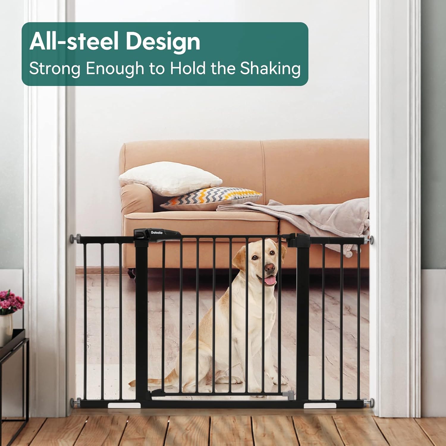 Babelio Metal Baby Gate, 29-48" Auto Close Easy Install Pet Gate, Extra Wide Walk Thru Child Safety Gate, Pressure Mounted Dog Gate for Doorways and Stairs, with Y Spindle Rods, Black