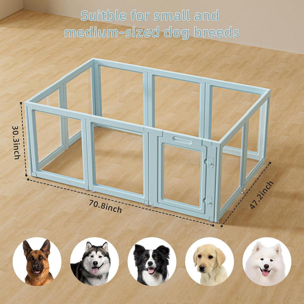DIY Clear Acrylic Dog Playpen House,Quick Easy Assembly and Disassembly,Strong Floor Suction,Indoor and Outdoor Use,Easy Cleansing Puppy Fence (Sky Blue, 30.3" H, 10PCS)