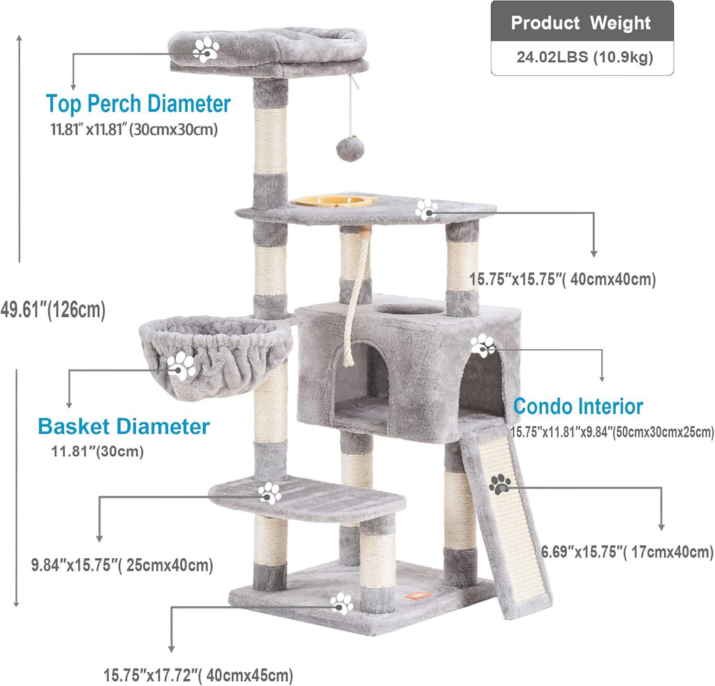 Heybly Cat Tree, Cat Tower for Indoor Cats with Scratching Board, Multi-Level Cat Furniture Condo with Feeding Bowl, Light Gray HCT010W