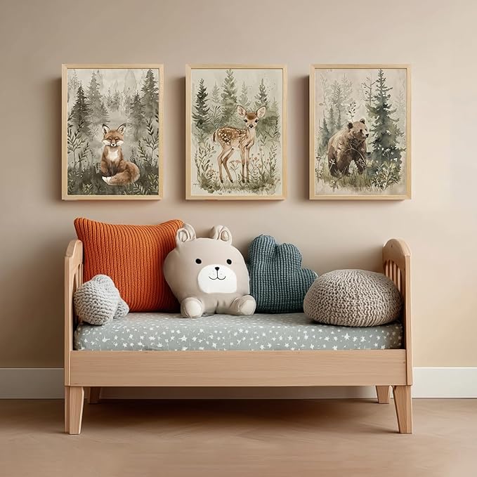 kilamino Wood Framed Woodland Animal Nursery Wall Art, Cute Fox Bear Deer Wall Decor, Neutral Wildlife Animal Art Prints, Funny Nature Forest Animal Canvas Paintings for Baby Room Playroom 12"x16"x3