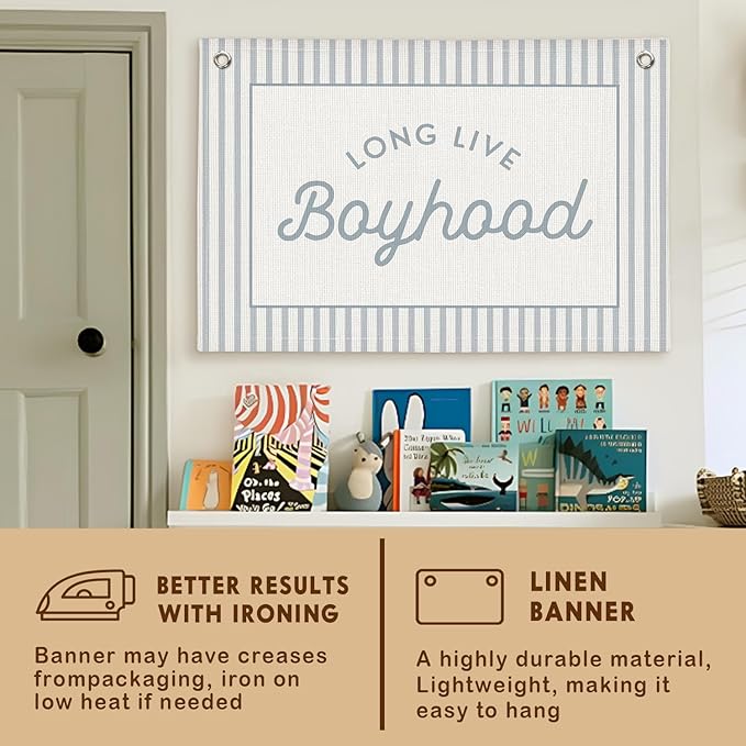 Lacama Long Live Boyhood Boys Room Decor, Boy Nursery Decor, Linen Banner Wall Hanging Canvas Banner Flag Decor for Toddler Boy Room Nursery 30x20 Inch
