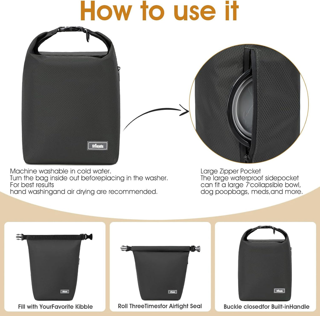 Pet Food Storage Bag，Dog Food Travel Bag with 2PCS Collapsible Dog Travel Bowls,Waterproof Kibble Storage Container for Road Trips, Camping (Black, Small)