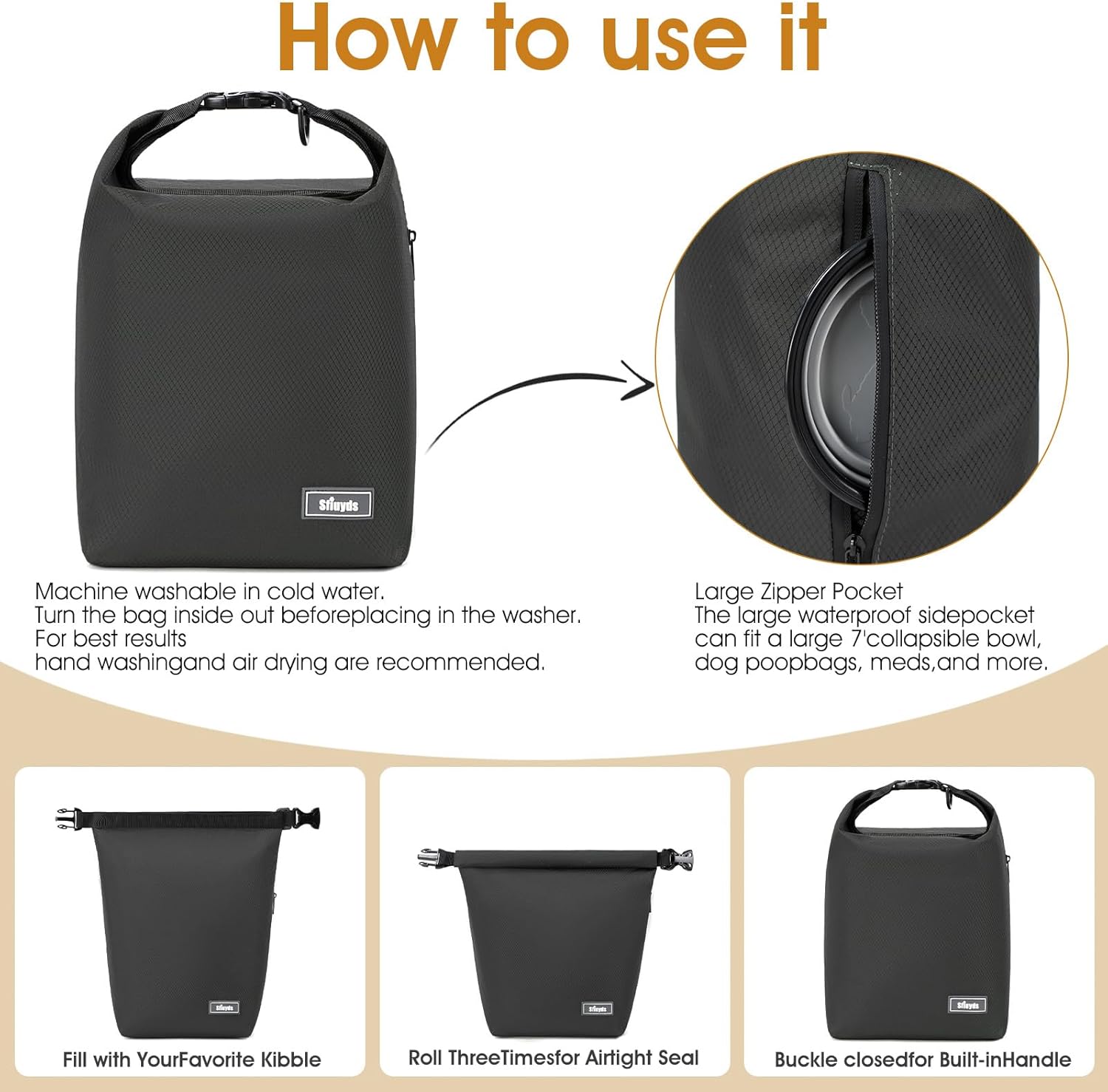 Pet Food Storage Bag，Dog Food Travel Bag with 2PCS Collapsible Dog Travel Bowls,Waterproof Kibble Storage Container for Road Trips, Camping (Black, Small)