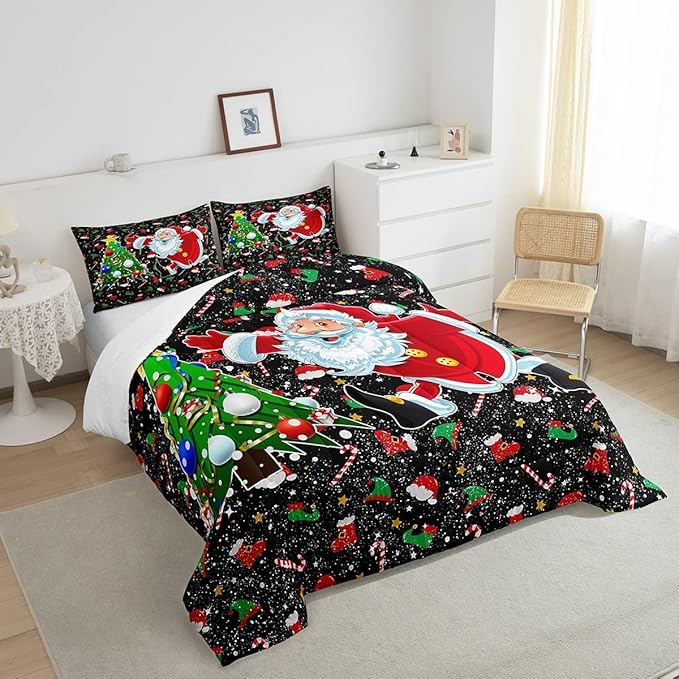 Feelyou Merry Christmas Comforter Set Santa Claus Christmas Tree Galaxy Red Black Bedding Quilt,Soft Warm Lightweight,Twin Size for Girls Boys Kids 1 Comforter + 1 Pillow Case Boys