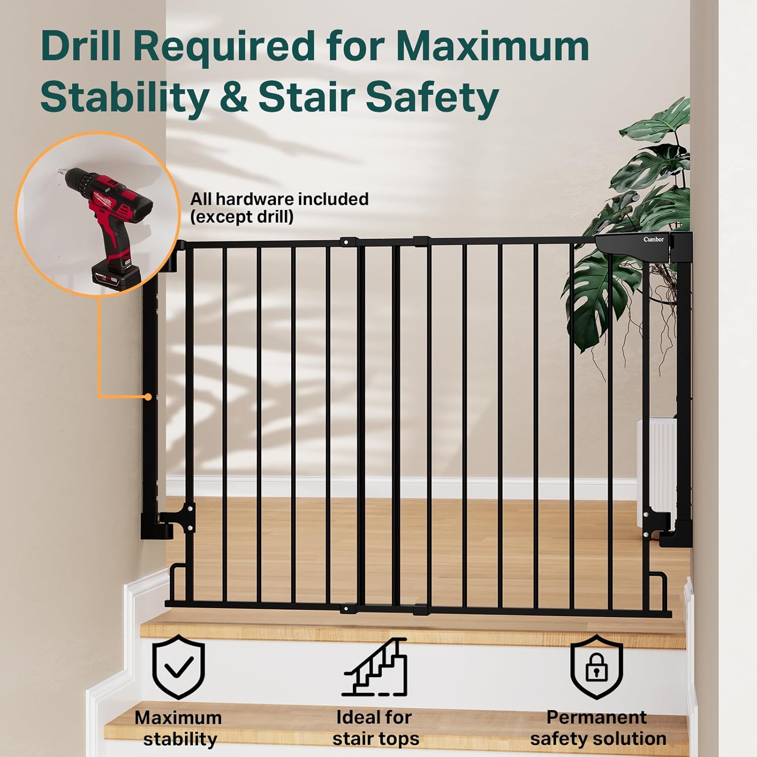 Cumbor 34" Extra Tall No Bottom Bar Baby Gate for Stairs, Auto Close Dog Gate Indoor for Larger Pets, 29.2-43" Hardware Mounted Safety Gate for Doorways, Wide Walk Thru Door for Easy Access (Black)