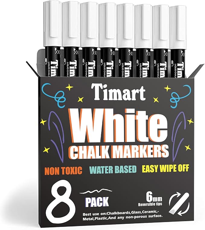 Timart 8 Pack White Chalk Markers, 6mm Liquid Chalk Markers for Chalkboards Signs, Blackboards, Windows, Glass- Reversible Tip, 24 Chalkboard Labels Included