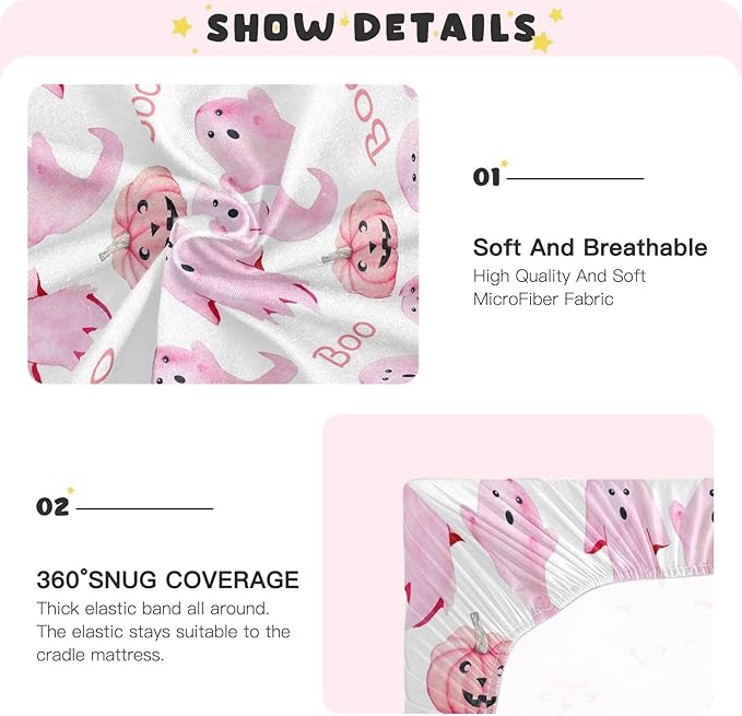Halloween Ghosts Pink Crib Sheets Soft Breathable Fitted Baby Playard Sheets Mattress Cover for Girl Boys, 39" x 27" x 5"