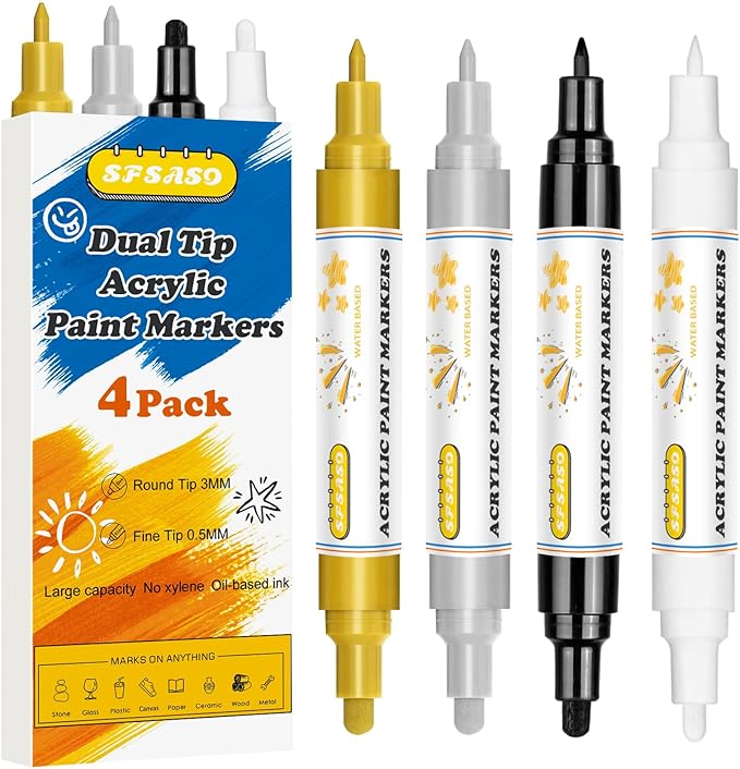 Acrylic Paint Marker Pens - 4 Pack Dual Tip Permanent Markers (0.7mm & 3mm) Water-Based Ink Pens for Rock Painting, Canvas, Ceramic, Glass, Wood, Plastic, DIY Crafts (Black/White/Gold/Silver)