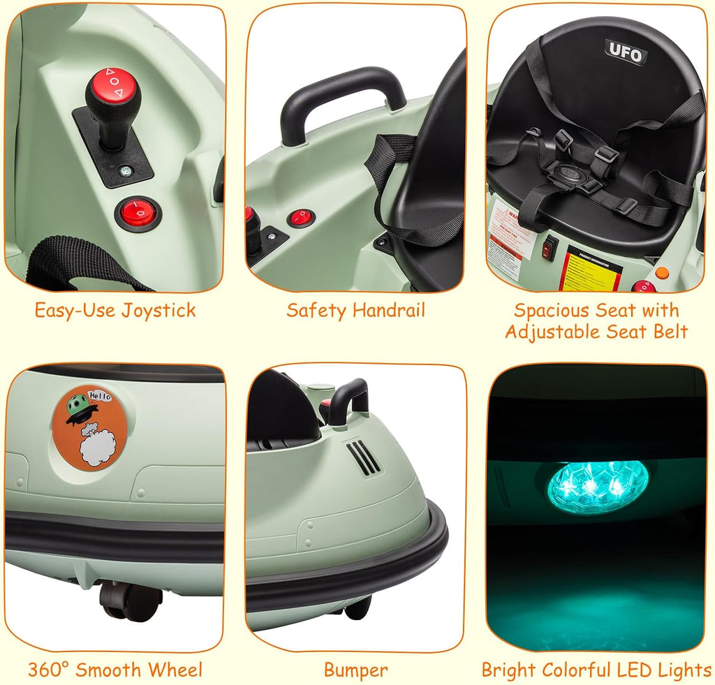 12V Electric Ride on Bumper Car for Toddlers, Kids Bumper Car with Remote Control, 360 Degree Spin, LED Lights, Dual Joysticks, Safety Belt for 18+ Months Kids, Green