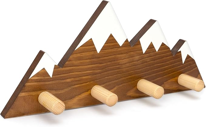 Mountain Wall Hooks - Woodland Nursery Decor - Wall Mount Organizer for Kids Coats & Towels - Ideal Adventure Mountain Decor Baby Shower Gifts - Walnut Finish