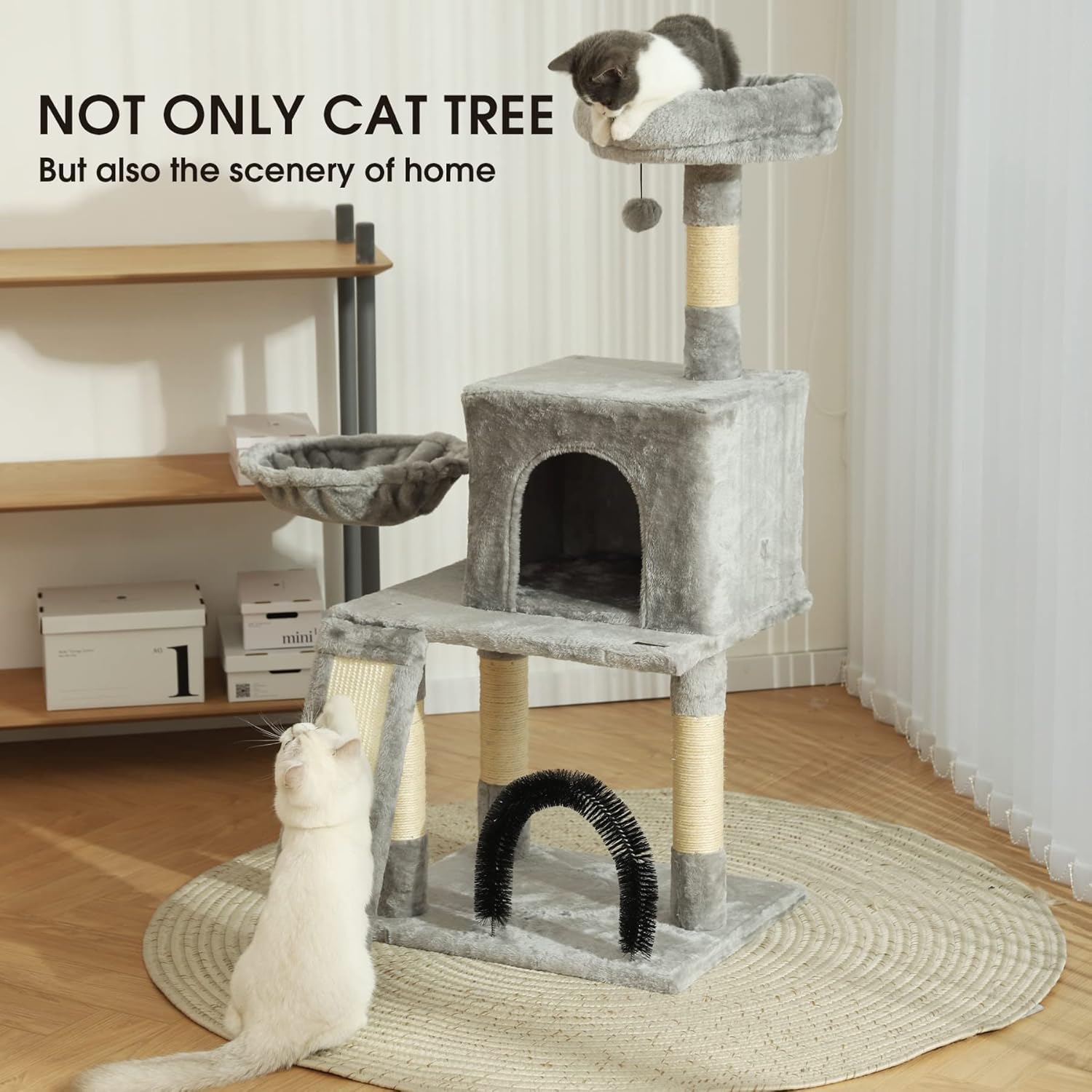 HOOPET 44IN Cat Tree for Indoor Cats - Multi-Level Cat Tower with Hammock, Condo, Scratching Posts, Self-Grooming Brush & Play Ball - Space-Saving Cat Furniture for Small Apartments