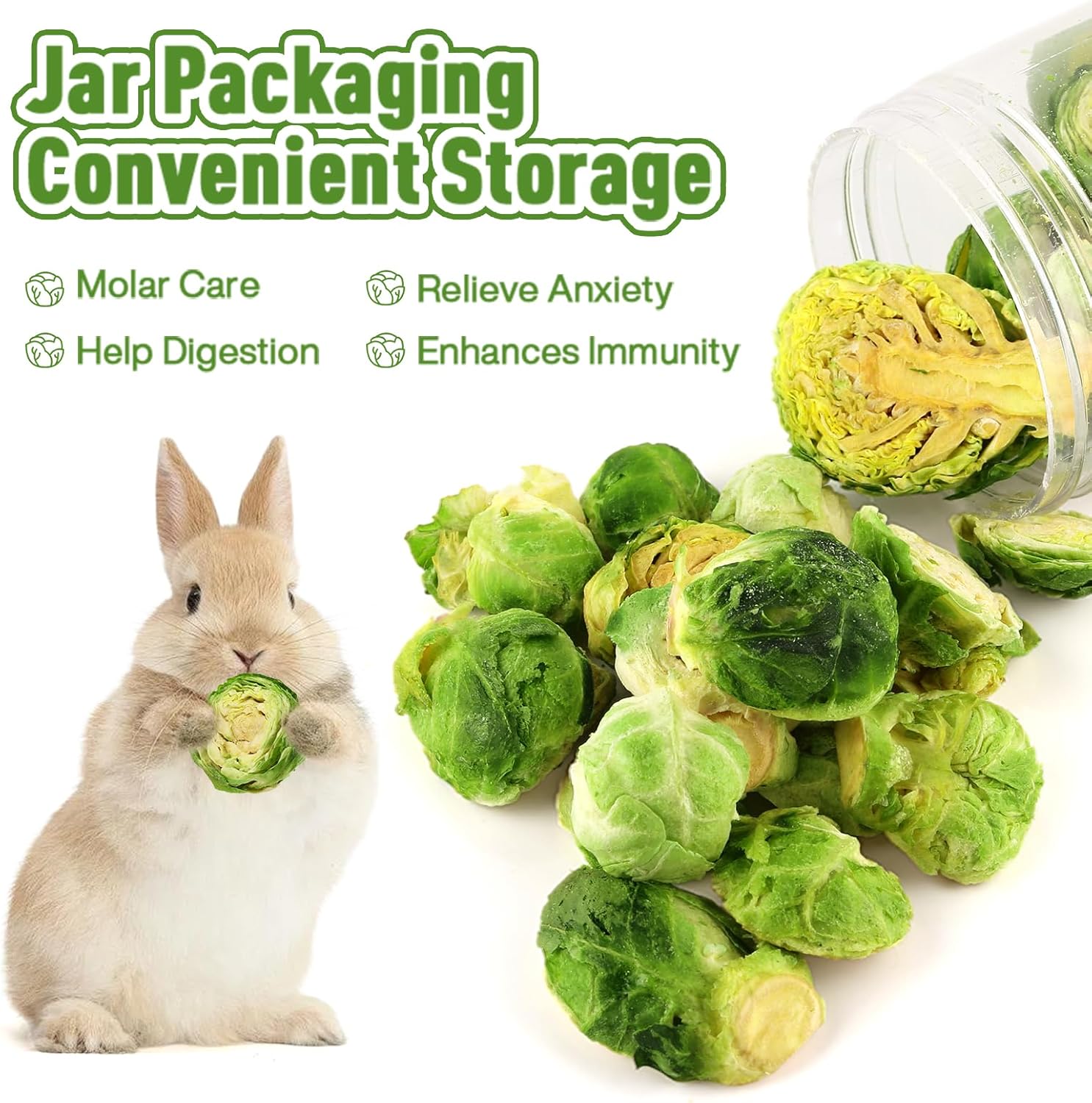 Abizoo Freeze Dried Brussels Sprouts Rabbit and Hamster Chew Treats Resealable Jar for Hamsters Bunny Guinea Pigs Groundhogs Natural Fiber Vitamin Snacks