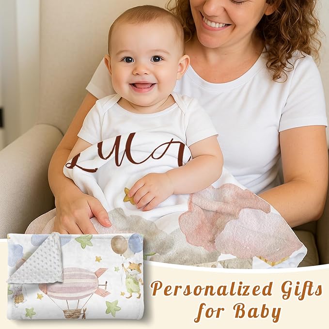 Personalized Baby Blanket for Girls, Custom Name Blanket for Newborn New Mom , Soft Flannel with Double Layer Dotted Backing, Gifts for Baby Shower Christmas Birthday, Hot Air Balloons(47"x60)