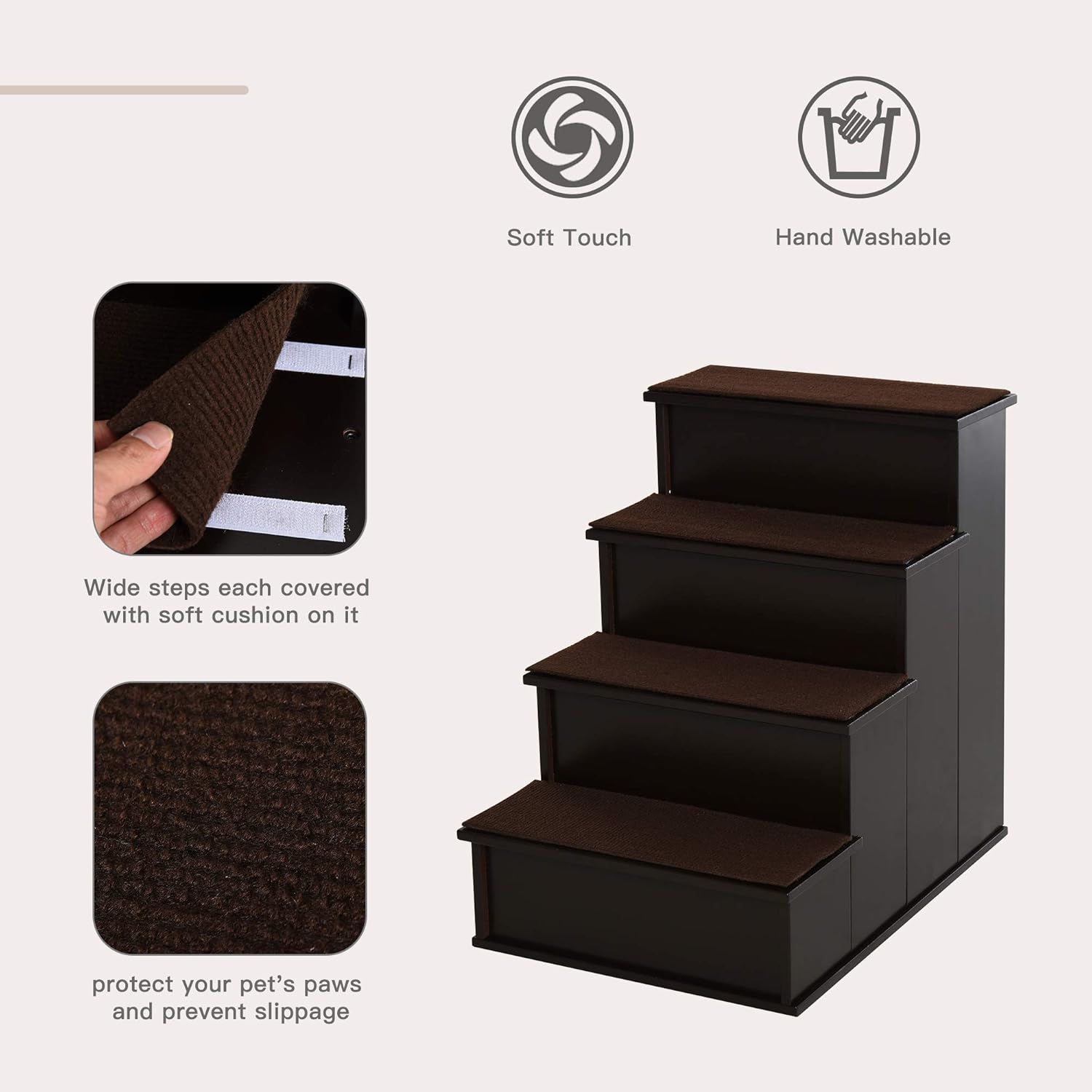 PawHut Pet Stairs, Small Pet Steps with Cushioned Removable Covering for Dogs and Cats Up to 22 lbs, Brown