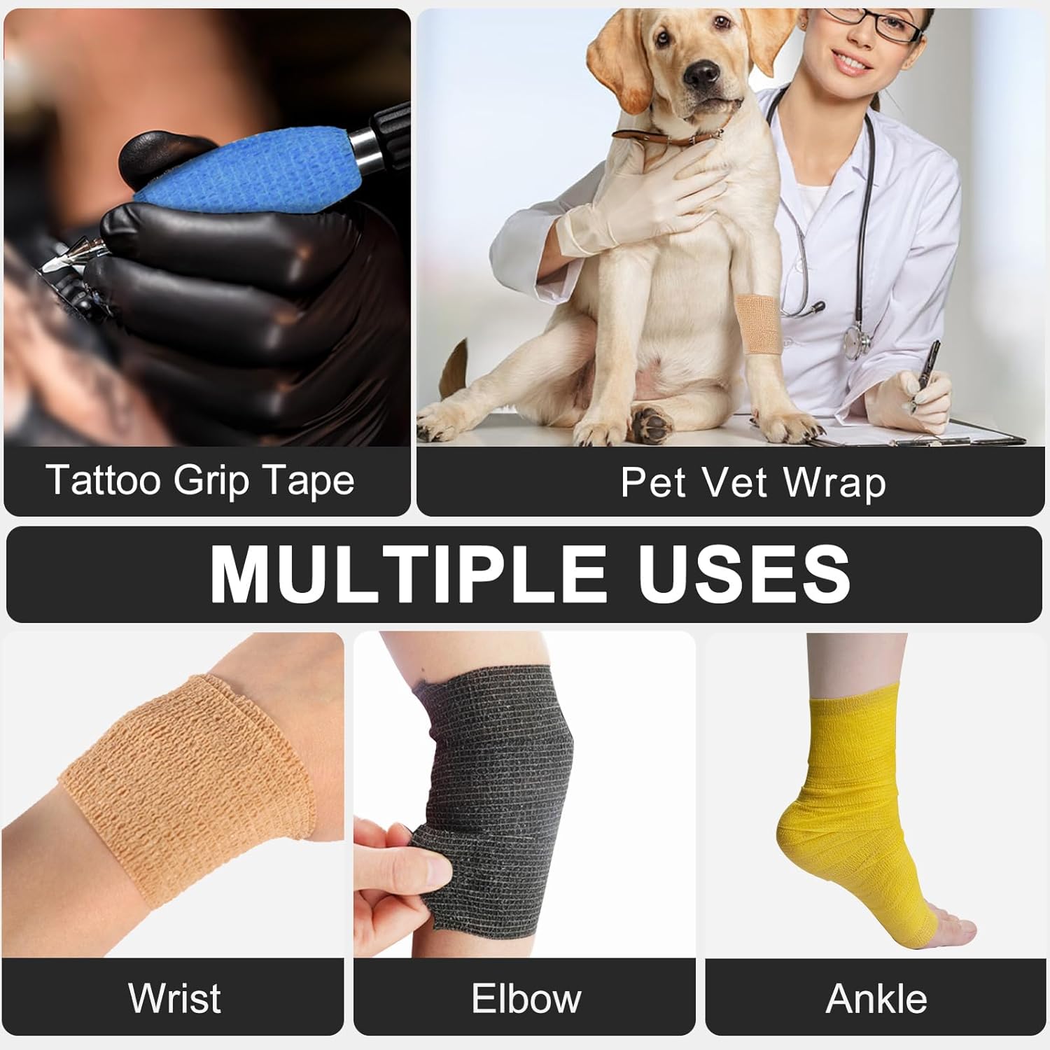 24 Pack Self Adhesive Bandage Wrap, 4” x 5 Yards Cohesive Medical Tape Elastic Grip Tape Black Sports Tape Athletic for Ankle, Wrist Sprains, Pet First Aid (Black, 4 Inch)
