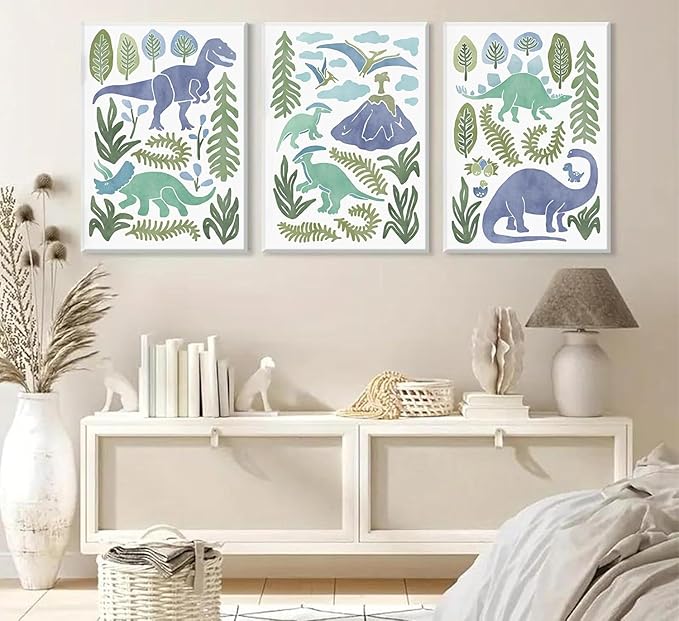 Baby Boys Nursery Wall Art Blue Green Dinosaur Pictures Wall Decor Stegosaurus T-Rex Triceratops Pterodactyl Posters Artwork Watercolor Dino Painting Canvas Prints for Kids Room Toddler Boy Room Decor