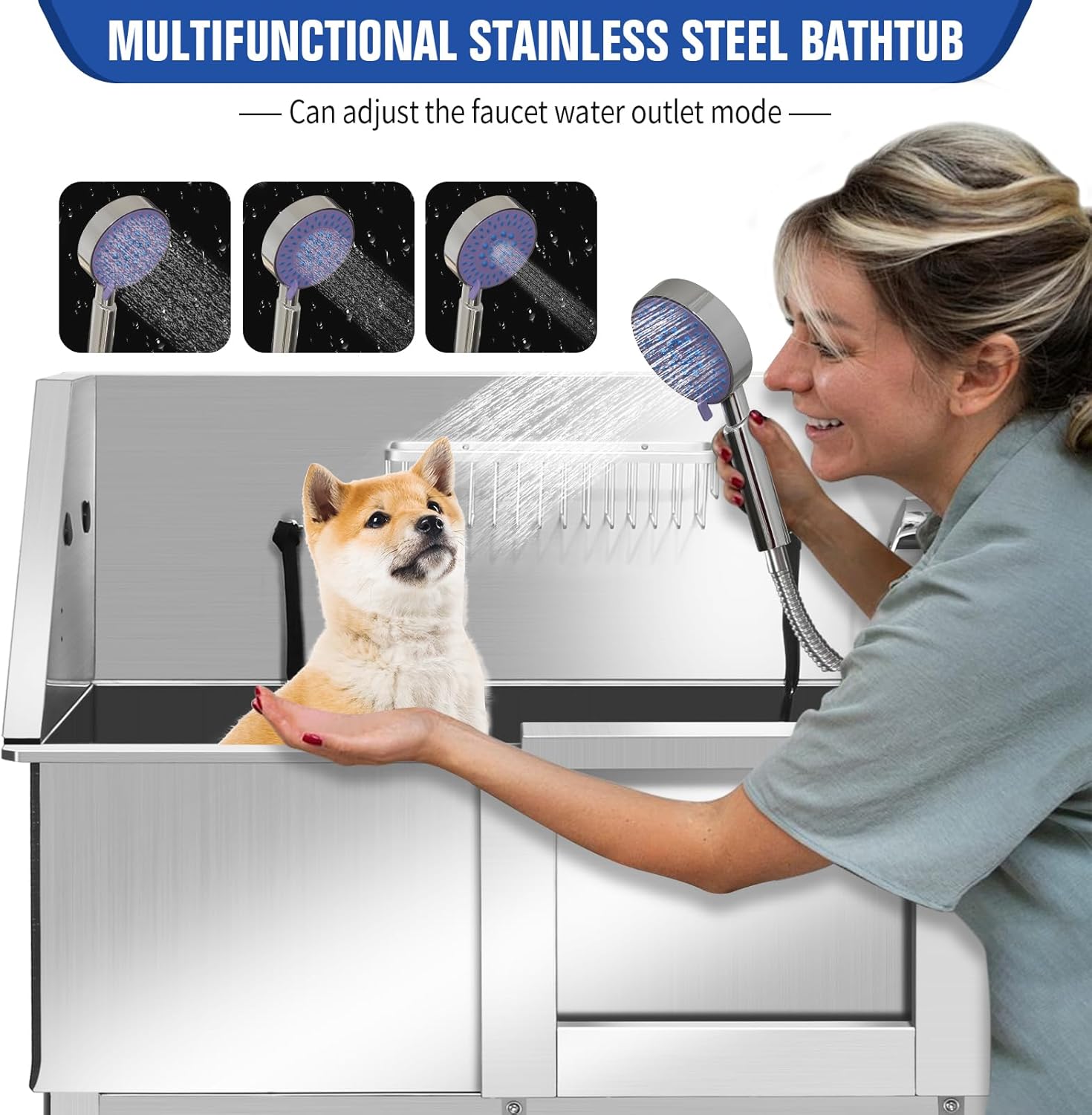 Professional Stainless Steel Dog Grooming Bathtub Station Wash Shower Sink with Faucet Walk-in Ramp and Accessories Pet Grooming Bathtub Station,34" R-RAMP