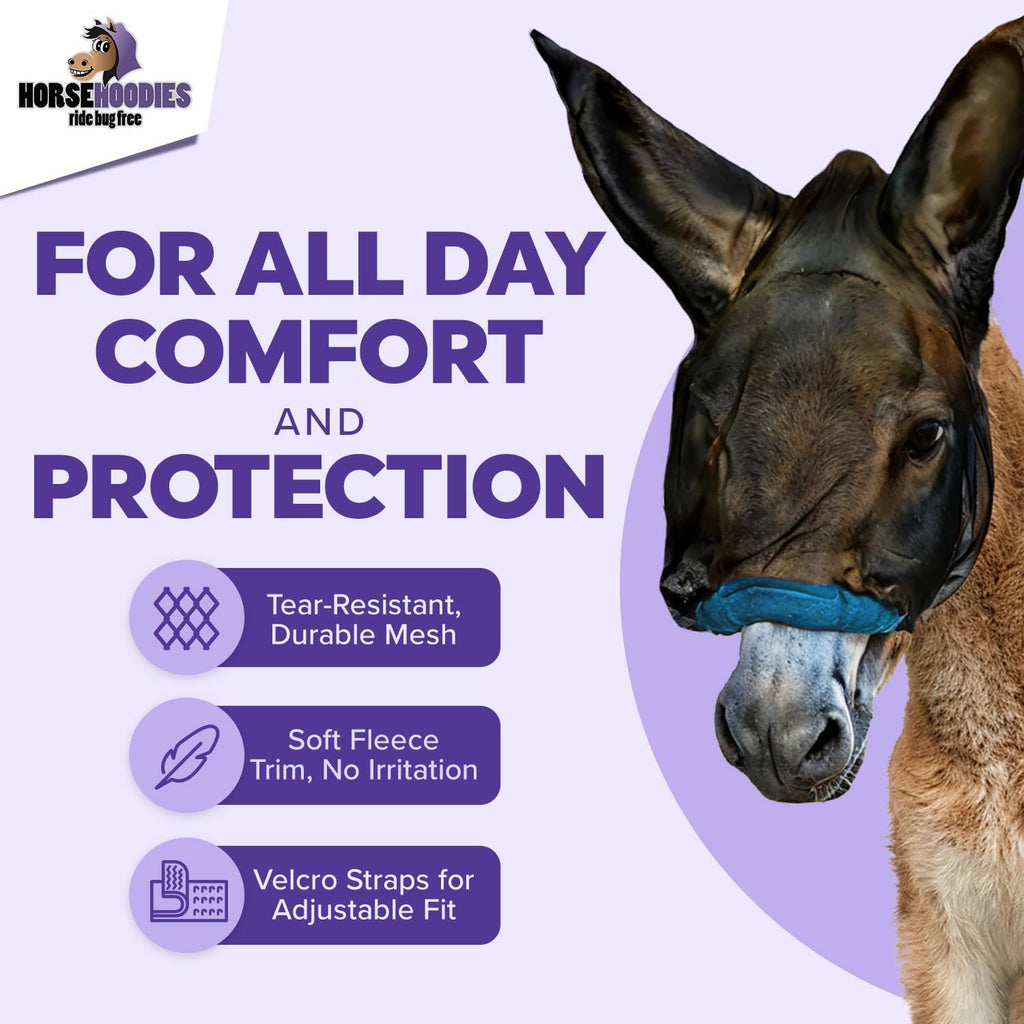Donkey Fly Mask with Long Ears (Orange) Made in USA - Mule Fly Mask with Ears Protection from Insects and Bugs, Mini Donkey Soft Mesh Fabric with Adjustable Fastener, Face Cover Supplies for Donkeys