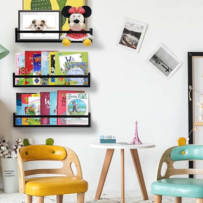 AZSKY Classic Nursery Book Shelves Black Wooden Floating Shelves Wall Bookshelf for Bathroom Decor Kitchen Spice Rack Organizer Kids Room 24 Inch Set of 3