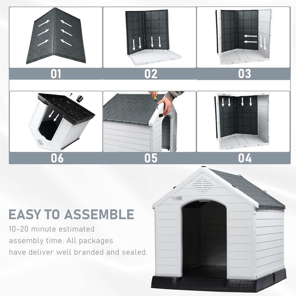 LEMBERI Durable Waterproof Plastic Dog House for Small to Large Sized Dogs, Indoor Outdoor Doghouse Insulated Puppy Shelter with Elevated Floor, Easy to Assemble (Gray, 34''L*31''W*32''H)