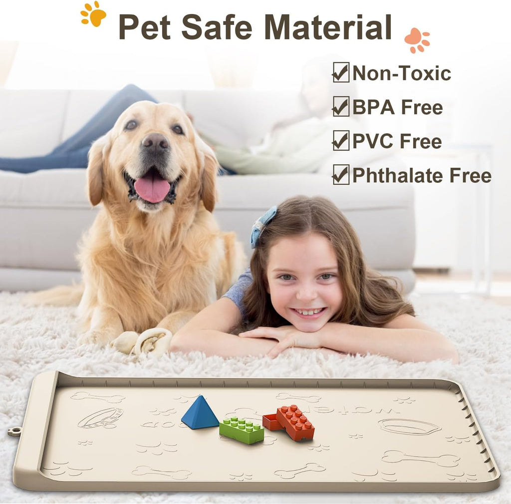 Silicone Dog Feeding Mat - 36" x 24" Large Pet Mat with Residue Collection Pocket and High Edges - Waterproof Mat for Dog and Cat Bowls