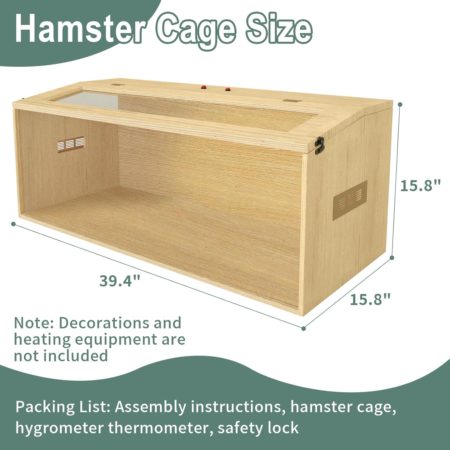Large Hamster Cage 40", Top Opening Lockable Roof, Gerbil Cage with Ventilation Window, Dwarf Hamster Cages and Habitats, Chewproof Syrian Hamster Habitat Enclosure, (Wooden, 40" L x 16" W x 16" H)