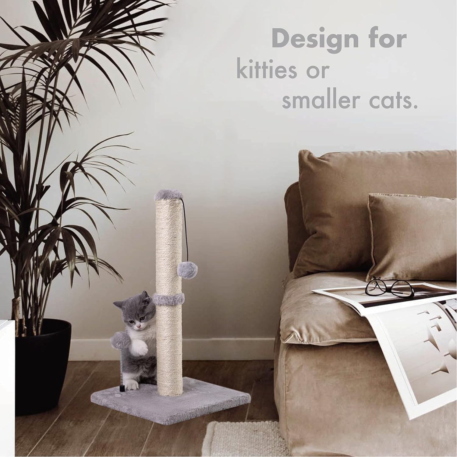 MECOOL Cat Scratching Post Premium Basics Kitten Scratcher Sisal Scratch Posts with Hanging Ball 22" for Kittens or Smaller Cats (22 inches for Kitten, Gray)